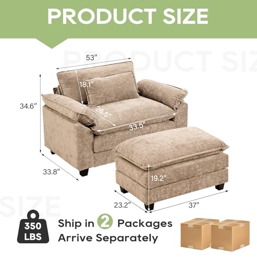 Image of Oprisen 53 inch Modular Sectional Sofa, Comfy Cloud Couch Sectional Sofa with Ottoman, Chenille Sofa Sleeper Deep Seat Sofa with Throw Pillows for Living Room (Khaki)