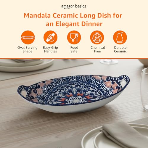 Image of Amazon Basics Ceramic Serving Platter with Handles | Blue Mandala Print Microwave & Dishwasher Safe Serveware | Ideal for Gifting, Serving Snacks, Appetizers, Salads, Starters & Noodles (10.8 Inch)