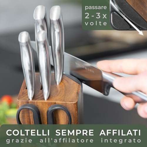 WALDWERK Blocco Coltelli - Set coltelli da cucina 7 pezzi con blocco porta coltelli e affilacoltelli integrato - ceppo coltelli da cucina - set coltelli da cucina professionali - immagine 4