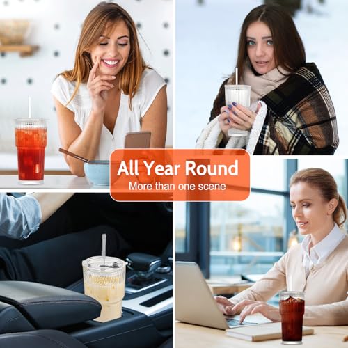 Gigmeta 2 Stück 600ML Gerippte Glasbecher Mit Deckel, Eiskaffee Gläser, Smoothie Becher, Mit Wiederverwendbaren Strohhalm und Strohhalm Bürsten Perfekt für Eiskaffee, Tee, Smoothies, Saft