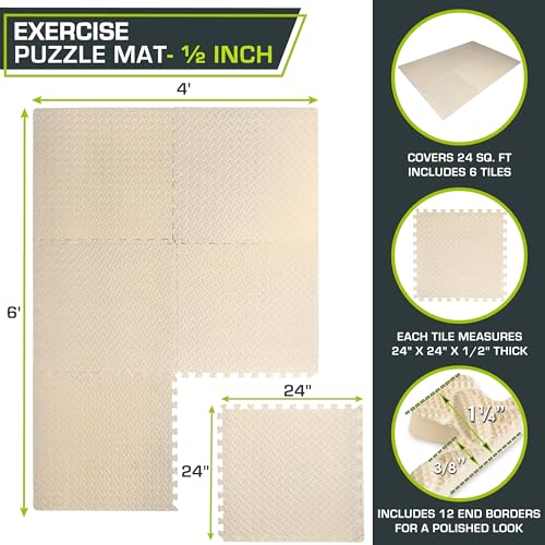 Image of ProsourceFit Exercise Puzzle Mat 1 /2-inch, EVA Interlocking Foam Floor Tiles for Home Gym, Workout Equipment, Kids Play Areas, Beige, 24 Sq Ft - 6 Tiles