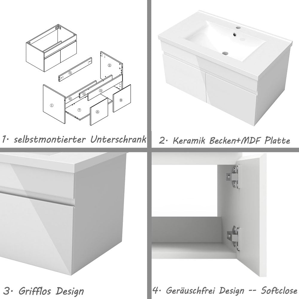 Aica Sanitär Waschtisch mit Unterschrank 80cm Bergen Badmöbel Set Hochglanz Weiß Keramik Waschbecken mit Unterschrank MDF Softclose