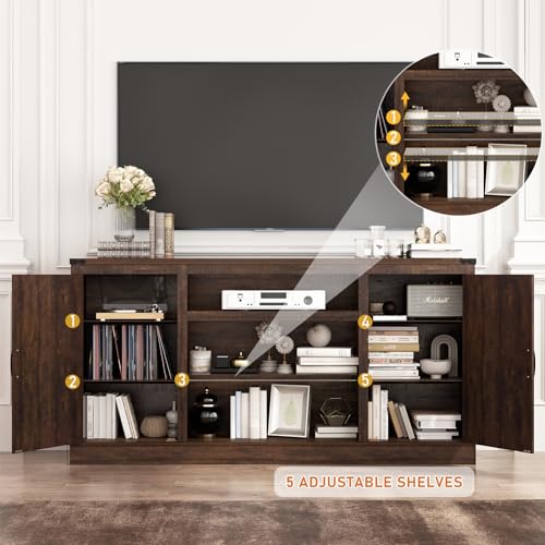 Hlivelood 66\" Farmhouse TV Stand with Power Outlets for 75 Inch TVs, 33\" Tall Entertainment Center with Storage Cabinets w/Adjustable Shelves, Rustic Large TV Media Console for Living Room, Brown