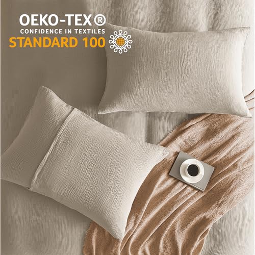 SE SOFTEXLY Muslin Duvet Cover California King Size, 100% Washed Cotton Duvet Cover Set, Soft Comforter Cover Linen Like, 3 Pieces Minimalist Gauze Duvet Cover with 2 Pillowcases, 98"x104", Beige