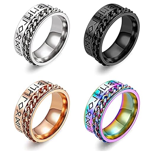 CASSIECA 4Piezas Anillos Hombre Plata Negro Oro Anillos de Acero Inoxidable Hombres Anillos de Cadena Banda Vintage AnillosGiratorio Anillo Regalo para Hombres Anillo Talla 14-30