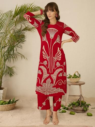 Image of INDO ERA Women's Straight Viscose Rayon Ethnic Motifs Printed Kurta & Palazzo Set (IESTR10489)