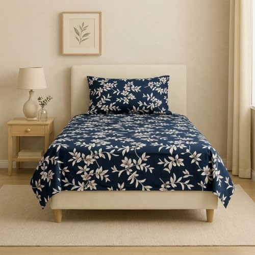 Image of Dream Living Printed Floral Single Bedsheet with 1 Pillow Cover | 120 GSM | 150x220 Cm | Blue