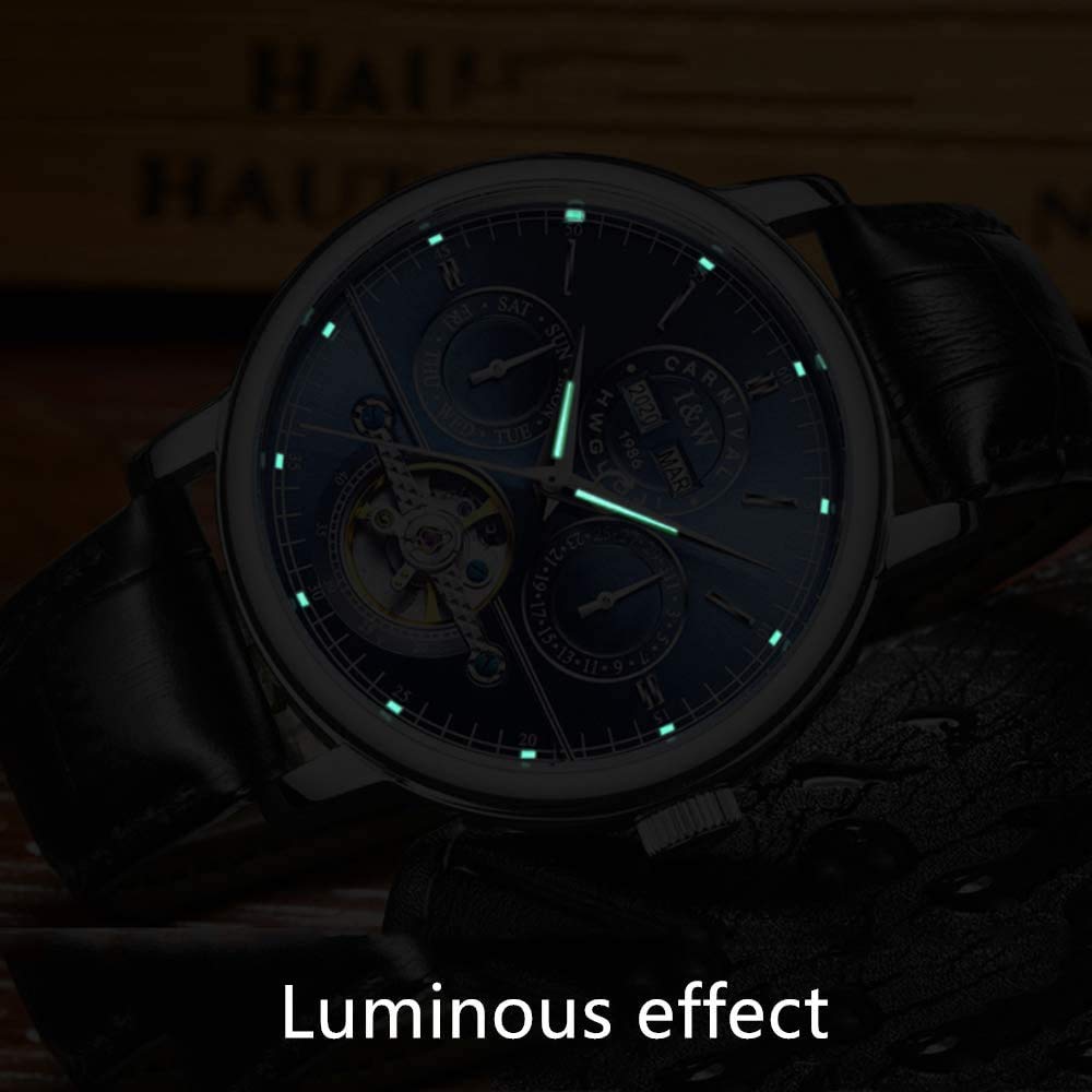 MASTOP Herren-Armbanduhr, automatisch, mechanisch, Tourbillon, Leder, leuchtend, Business-Herrenarmbanduhr