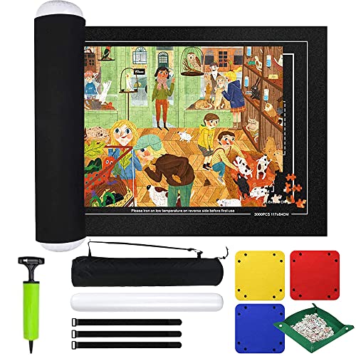 Homarket Giant Jigsaw Puzzle Roll Mat Set Jigsaw Felt Mat Storage Saver with 4 Sorting Trays No Folded Creases Environmentally Friendly 3000pcs (black)