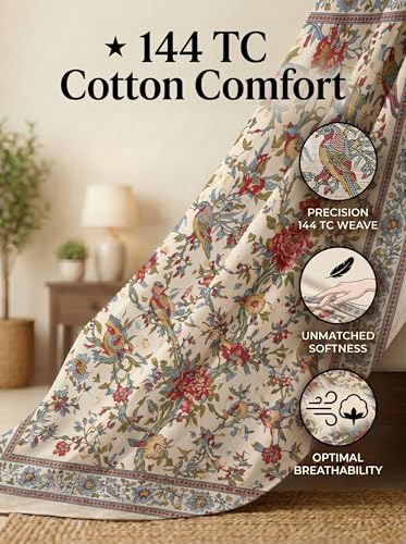 Image of Mafatlal 144 TC Heritage Single Size Bedsheet | (90x60 inches) 100% Cotton Flatsheet Twin Size with Pillow Cover| Super Soft Bed Sheet | Floral Design | Beige