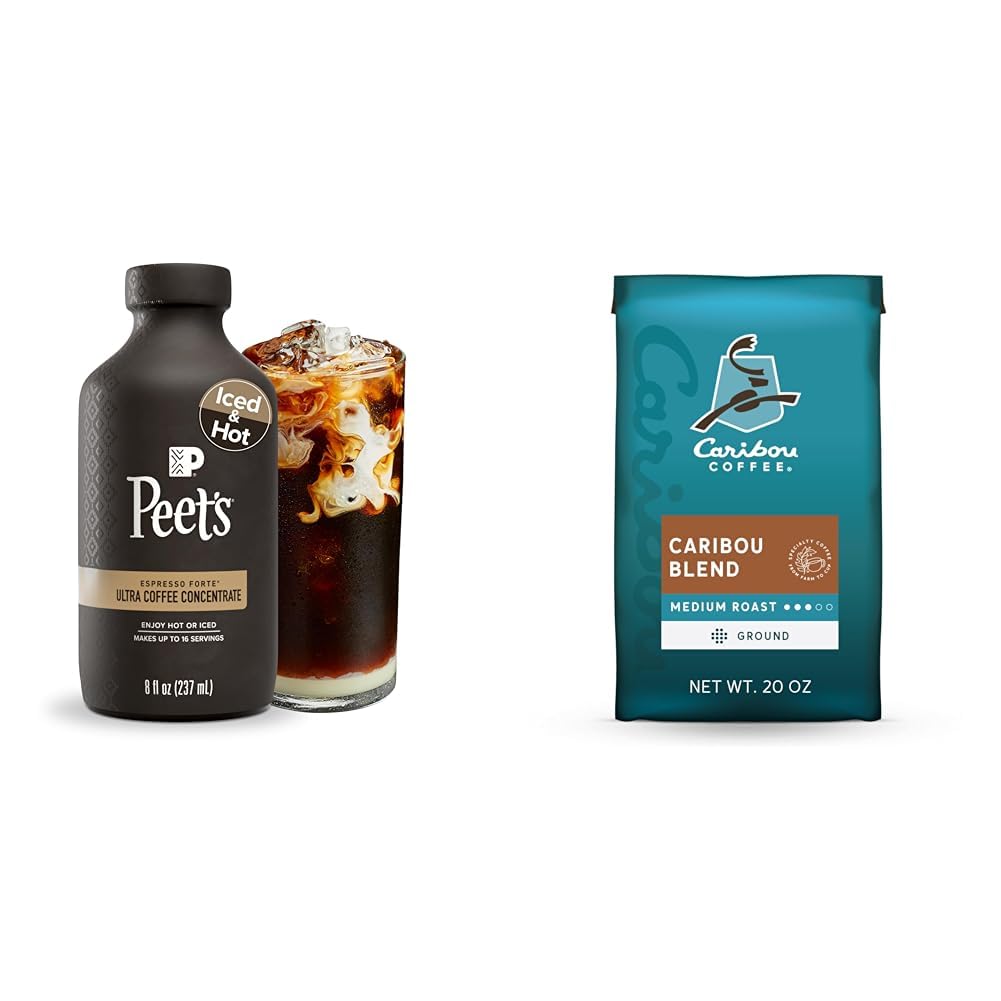 Bundle of Peet's Coffee, Ultra Concentrate or Iced - Espresso Forte, 8 Fluid Ounce Bottle + Caribou Coffee, Medium Roast Ground - Caribou Blend 20 Ounce Bag - Packaging May Vary