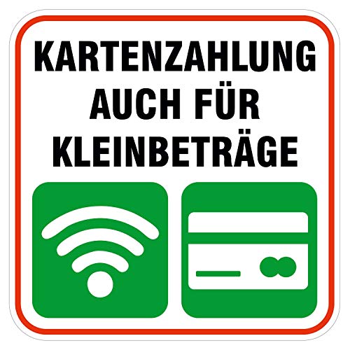 deformaze Sticker Kartenzahlung auch für Kleinbeträge Aufkleber Zahlungsmethoden 10 x 10 cm Selbstklebend UV Wetterfest für Firma Geschäft Shop Tür Fenster Kasse für außen und innen