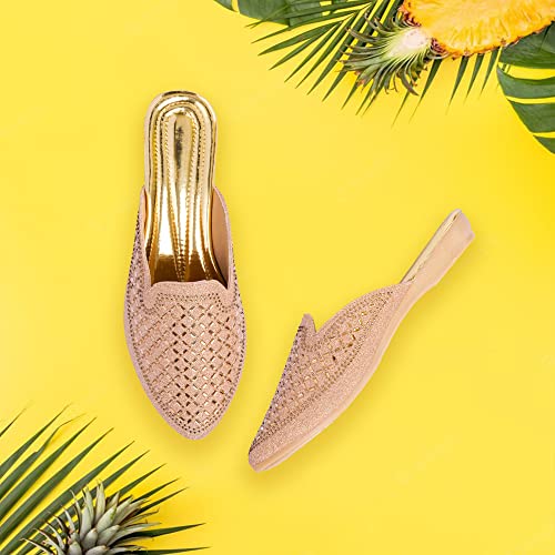 Image of Bellies for Women |Slip on Juttis Soft Padded |Stonework Mules for Ladies| Sparkling Upper |Back Open Casual Flats| Stylish Footwear Sandals for Ladies|Punjabi Mojari Half Shoes