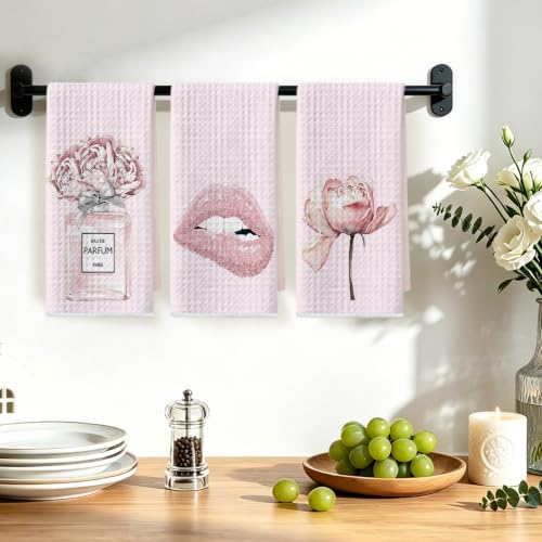 Image of 3 Pcs Pink Hand Towels, Perfume Flower Decor Reusable Dish Towels