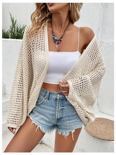 Verdusa Women's Open Front Oversized Cardigan Early Fall Outfits Hollow Out Knit Lightweight Sweater Spring Outerwear4