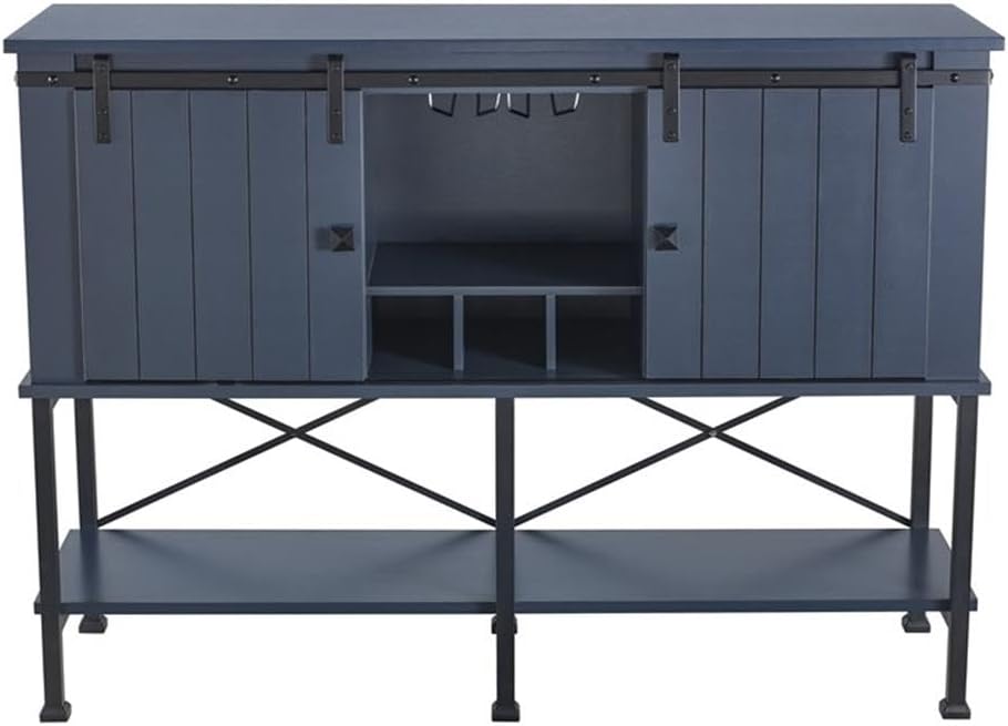 Pemberly Row 52" Wood Bar Cabinet, Navy Blue Finish, Sliding Barn Door Design, Built-in Wine Rack for 12 Bottles, Stemware Holder, Adjustable Shelves, Home Bar or Dining Room Storage Unit