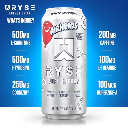 Image of RYSE Fuel Energy Drink - Airheads White Mystery - Sugar Free - 200mg Natural Caffeine, New Formula to Supports Cognitive Health & Improves Focus - No Artificial Colors - 16 fl oz Cans (12-Pack)