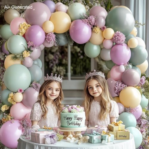 Image of Dusty Green Pink Purple Yellow Balloon arch kit,Double Stuffed Haze Purple Mauve Pink Ivory Sage Green Lilac Light Yellow Balloons Garland for Brithday Wedding Wild Flower Princess Party Decorations