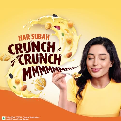 Image of Saffola Muesli Kesar Crunch with Flavour Pops, 450 gm | 15 in 1 Fruit and Nuts, Seeds, Millet & more | Cereals for breakfast with wholegrain, protein, fibre