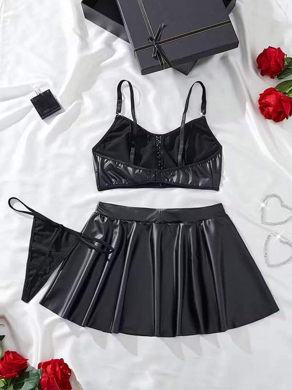 Image of GirlFriend SSoShHub Women Leather Lingerie Black Babydoll Round Neck Nightwear Chemise Nightie Bodysuit Lingerie First Night Honeymoon Mini Nightdress Sheer mesh with Panty
