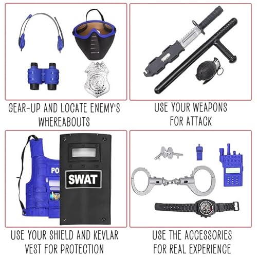 Ultimate All-In-One Kids Police Role Play Toy Kit - 15-Piece Policeman Pretend Play Set - Swat Costume Accessories For Dress Up And Kids Costumes - Badge, Shield, Vest, Handcuffs Included #TOP3