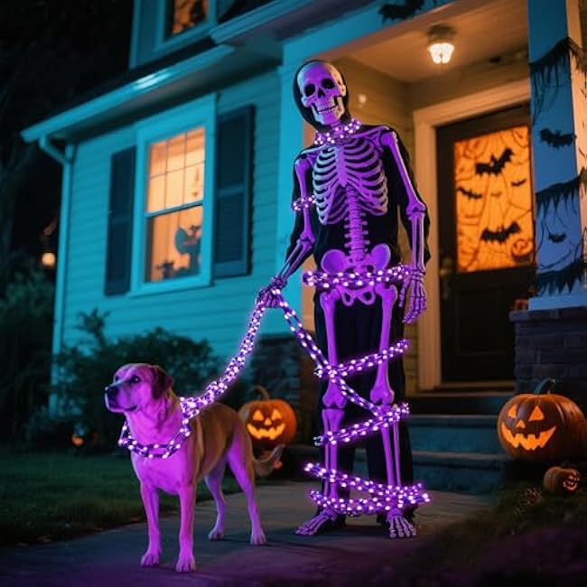 Battery Operated Halloween Lights, 10.5FT 175 LED Plastic Chains Lights, 8 Modes Waterproof Timer String Light for Skeleton Dog Creepy Costumes Accessories Spooky Outdoor Decorations(Purple)