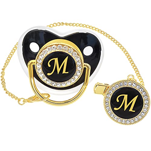 Image of Bling Personalized Black Baby Pacifier with Pacifier Clips and Anti-dust Cover A-Z 26 Letters(Black,M)