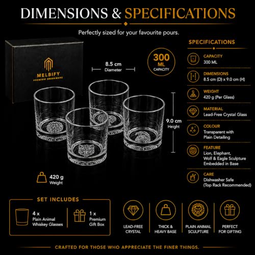 Image of Melbify Plain Animal Combo Whiskey Glasses | Set of 4 | 300 ML|Old Fashioned Glass|Thick Bottom Rocks Glasses| 2 Times Heavier| Perfect for Serving Whiskey,Rum,Scotch,Vodka,Gin & Tequila