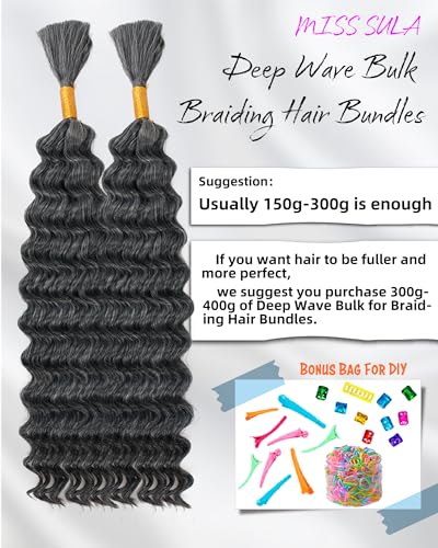 Deep Wave Bulk Braiding Hair-Wet and Wavy Human Salt and Peper Braiding Hair,20 Inches 2 Bundles No Weft Bohemian Curly Hair Bundle for DIY(20"-2 Bundles,Gray)