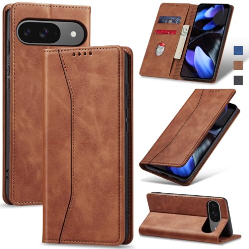 Jasonyu Flip Wallet Case for Google Pixel 9/9 Pro,Leather Magnetic Folio Cover with Card Holder,Kickstand - TPU Shockproof Durable Protective Phone Case,Brown