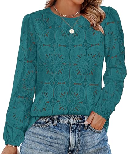 Image of OFEEFAN Blouses for Women Dressy Casual Spring Tops 2026 Summer Outfits Flower Lace Crochet Long Sleeve Shirts