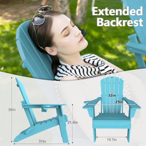 Image of Plawdlik Folding Adirondack Chair Set of 6 with Cup Holder，Wooden Textured ，Heavy All-Weather HDPE Comfortable Set Poolside Backyard Lawn, Light Blue
