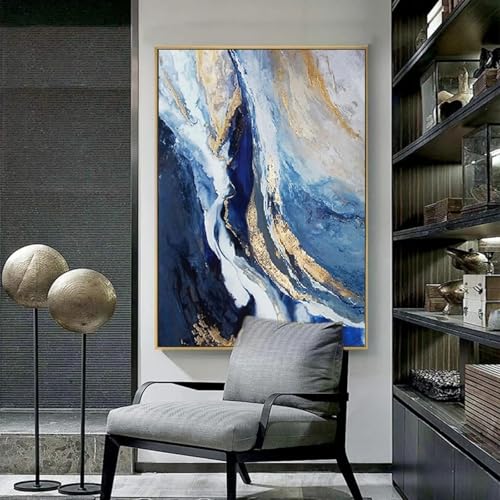 Peinture à l'huile abstraite moderne bleue triptyque tableau décoration salon grand format