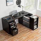 Ariel Reversible L Shaped Desk with Drawers, Executive Wood Home Office Corner Desk, File Drawer, Storage Cabinet, Shelf and Cubby Storage 60 inch Corner Computer Desks for PC, Laptop - Espresso