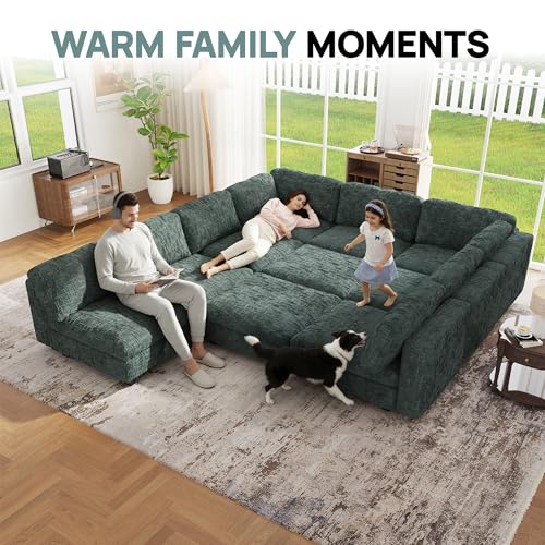 Image of Oversized Modular Sectional Chenille Sofa Bed with Hidden Storage, Comfy Modern 10 Seater Deep Seat Couch, Modular Sectional with Ottoman and Removable Cover for Living Room, Apartment, Green