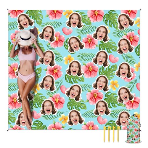 AIOMXZZ Beach Blanket, Personalized Large Mat with Face Photo, Waterproof Sand Free Beach Essentials for Family Adults, Custom Gifts for Women Men, Packable Blanket for Travel Vacation