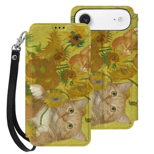 iPhone17 Air用ケース 面白い ネコ柄 猫柄 ゴッホ ひまわり アイフォン17 Air用ケース 手帳型 財布型 PUレザー おしゃれ スマホケース カード収納 スタンド機能 ワイヤレス充電対応 兼用ケース 贈り物