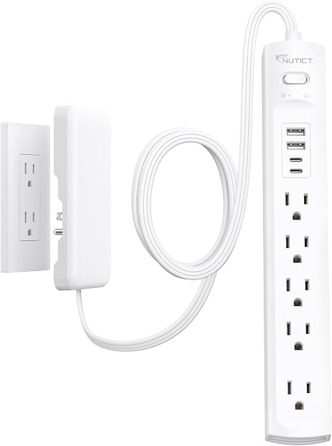 Outlet Cover Extension Cord Long 10ft, NUTICT Flat Plug Power Strip with 5-Outlet & 4 USB Ports, 1440 Joules Surge Protector, 3 Prong Indoor Extension Cord Flat Wall Plug for Home Office Desk, White