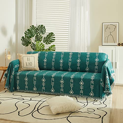 Dreamingo Green Herringbone Couch Cover For 3 Cushion Couch Sofa Reversible Chenille Sofa Covers For Pets Geometric Furniture Protector Sectional Couch Covers L Shaped Sofa Slipcover, 71"X134" #TOP6
