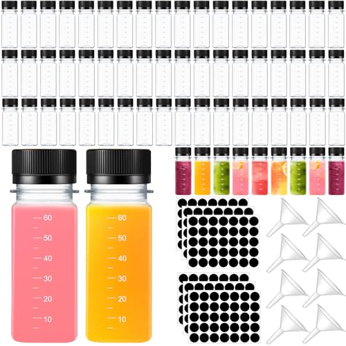Roshtia 100 Pcs 2 oz Plastic Bottle with Caps for Liquids Small Clear Ginger Shots Bottles with Scale Reusable Mini Jars with Lids and 15 Pcs Funnel 3 Labels for Juice Sauce Bulk Portable Travel