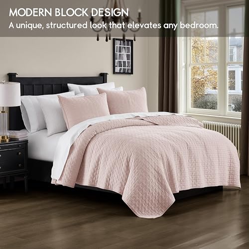 Image of palassio Pink 100% Cotton Quilt Queen Size Bedding Sets with 2 Pillow Shams, Textured Lightweight Soft Bedspread Shabby Chic Coverlet, Quilted Comforter Bed Cover for All Season, 3 Pieces