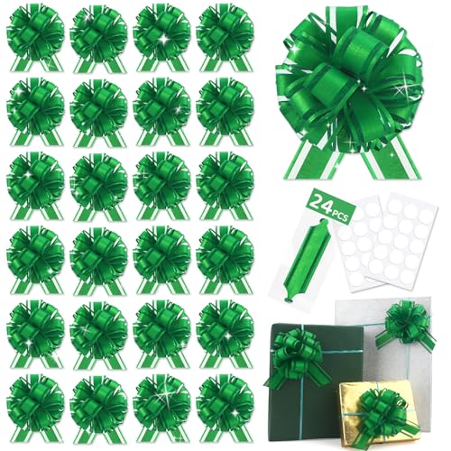 24pcs Green Pull Bow for Gift Basket Wrapping Xmas Gift Bows Adhesive Presents Wrap Ribbon Bow for Christmas Tree Ornament Wine Bottles Bouquet Flower Valentines Day Party Decor (Green-G)