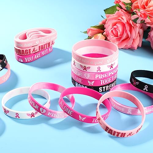 50pcs Breast Cancer Awareness Accessories, Rubber Breast Cancer Awareness Bracelets Bulk, Motivational Breast Cancer Wristband with HOPE STRENGTH FAITH COURAGE, Bracelets for Women Party Favor Stuff4