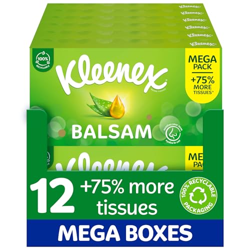 Kleenex® Balsam Tissues, Mega Pack - 1,344 Sheets (12 Boxes x 112 Sheets) - Balm Tissues Protect and Soothe Your Nose When You've Got a Cold - Balmcare® with Aloe Vera, Vitamin E and Calendula