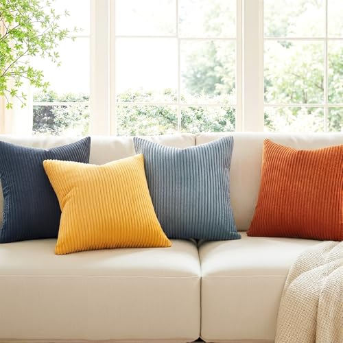 Image of Topfinel Burnt Orange and Blue Couch Pillows Pack of 4 Decorative 16x16 Inch Velvet Pillow Covers for Bed Accent Modern Corduroy Pillowcase Sofa Livingroom Home Decor