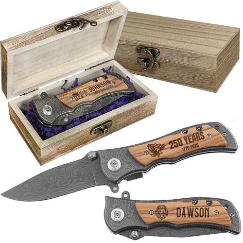 Custom Pocket Knife, Personalized Engraved Wood Handle Folding Knife, Gifts for Men - 25 Icons, 16 Font, Etched Knives for Camping, Hunting, Customized gifts Dad, Husband (WOOD)