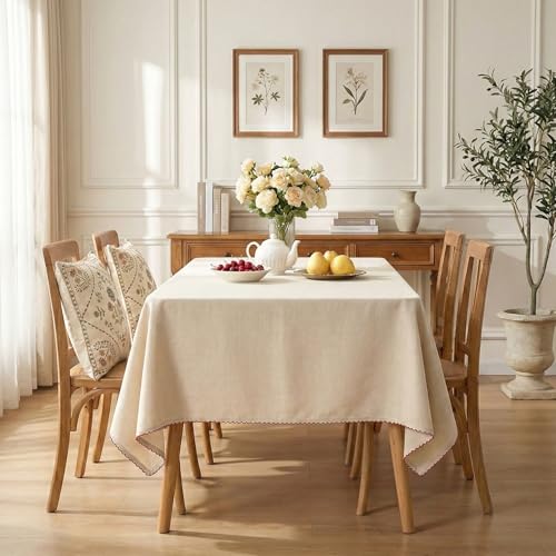 Image of Cotton Tablecloth, Edge Trim, Biscuit Brown, 60 x 60 in | Heavyweight chambray cotton, embroidered edge trim, 4-seater square, machine washable, everyday dining and hosting