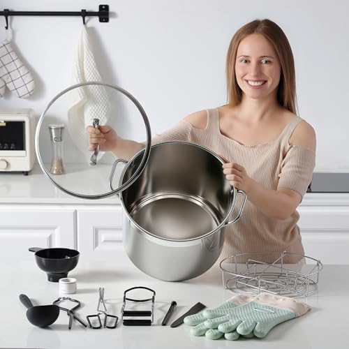 Image of Stainless Steel Canning Pot with Rack and Lid, Large Water Bath Canner, Full Home Canning Supplies Starter Kit (20.5 Quarts, Black)