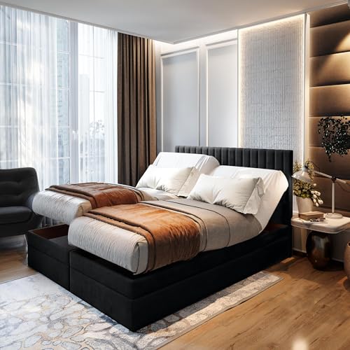 TRADA Boxspringbett ADÈLE 200x200 cm - elektrische Bett mit Matratze + Tooper und Bettkasten - Stoffbezug Veloursstoff - Schwarz TRADA Boxspringbett ADÈLE 200x200 cm - elektrische Bett mit Matratze + Tooper und Bettkasten - Stoffbezug Veloursstoff - Schwarz