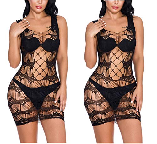 NAVARCH Ropa Interior Rayada de Las Mujeres 2 Pack Mallas Mini Vestido Ropa de Dormir Sexy Crochet Malla Mini Vestido Chemise